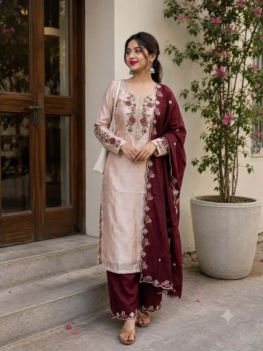 Thumbnail: Off White Rose Floral Embroidery Cotton Kurti Set image full view