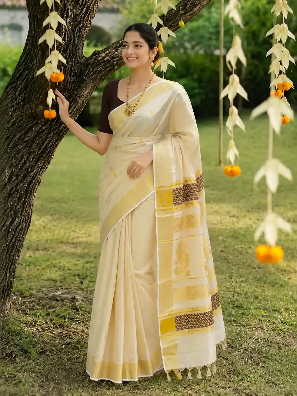 Premium Mayura Zari Kasavu Saree with Coffee Geometric Border & Tassels image full view