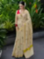 Bloomweave Premium Tissue Kasavu Saree with Delicate Floral Grid image main view