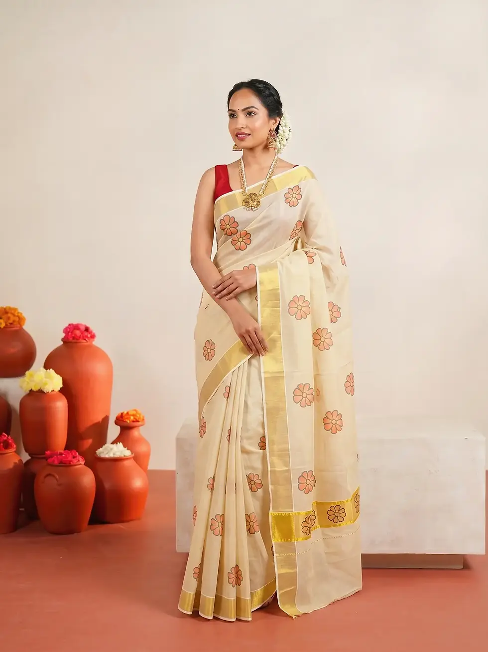 Floral Tissue Kerala Kasavu Saree with Blouse image main view