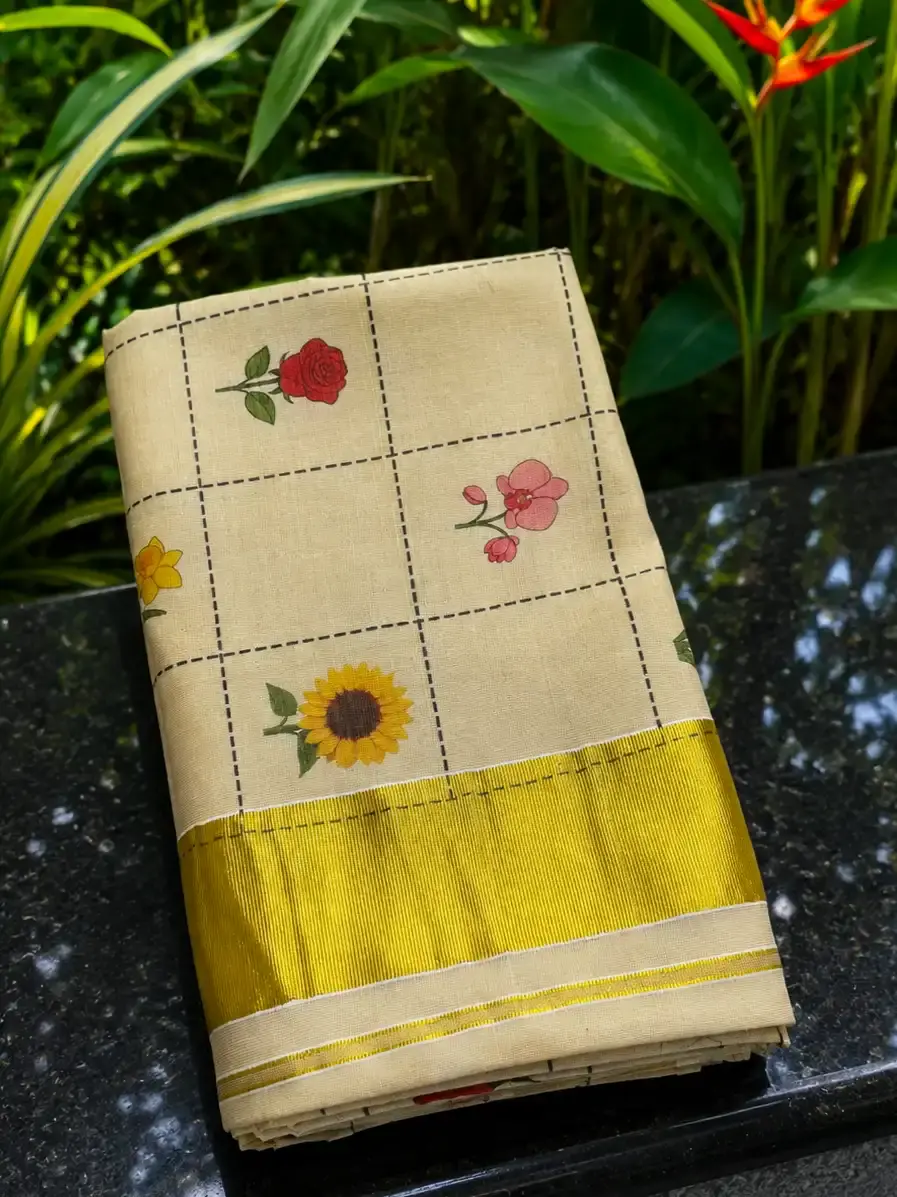 Thumbnail: Bloomweave Premium Tissue Kasavu Saree with Delicate Floral Grid image folded view