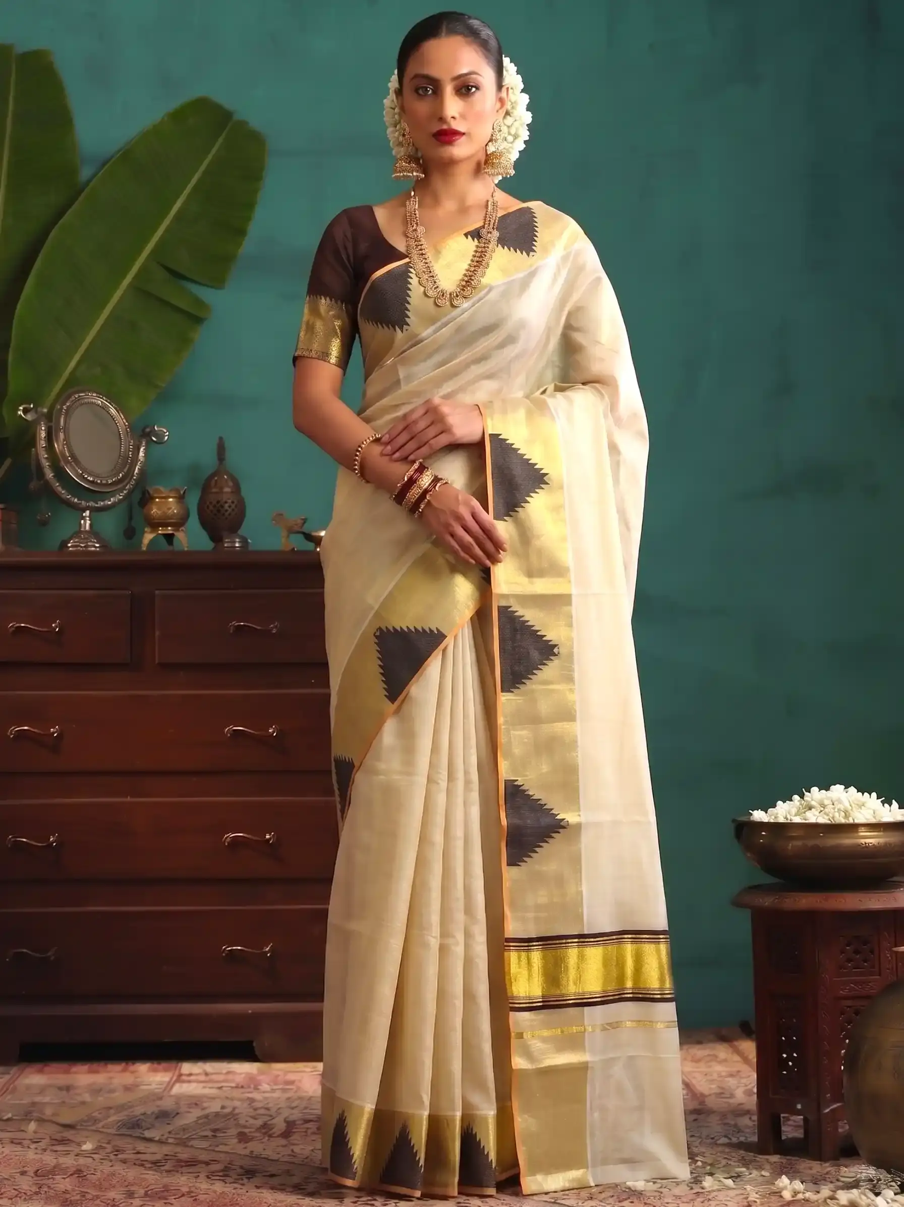 Premium Balaramapuram Kasavu Tissue Saree with Brown Temple Design Border