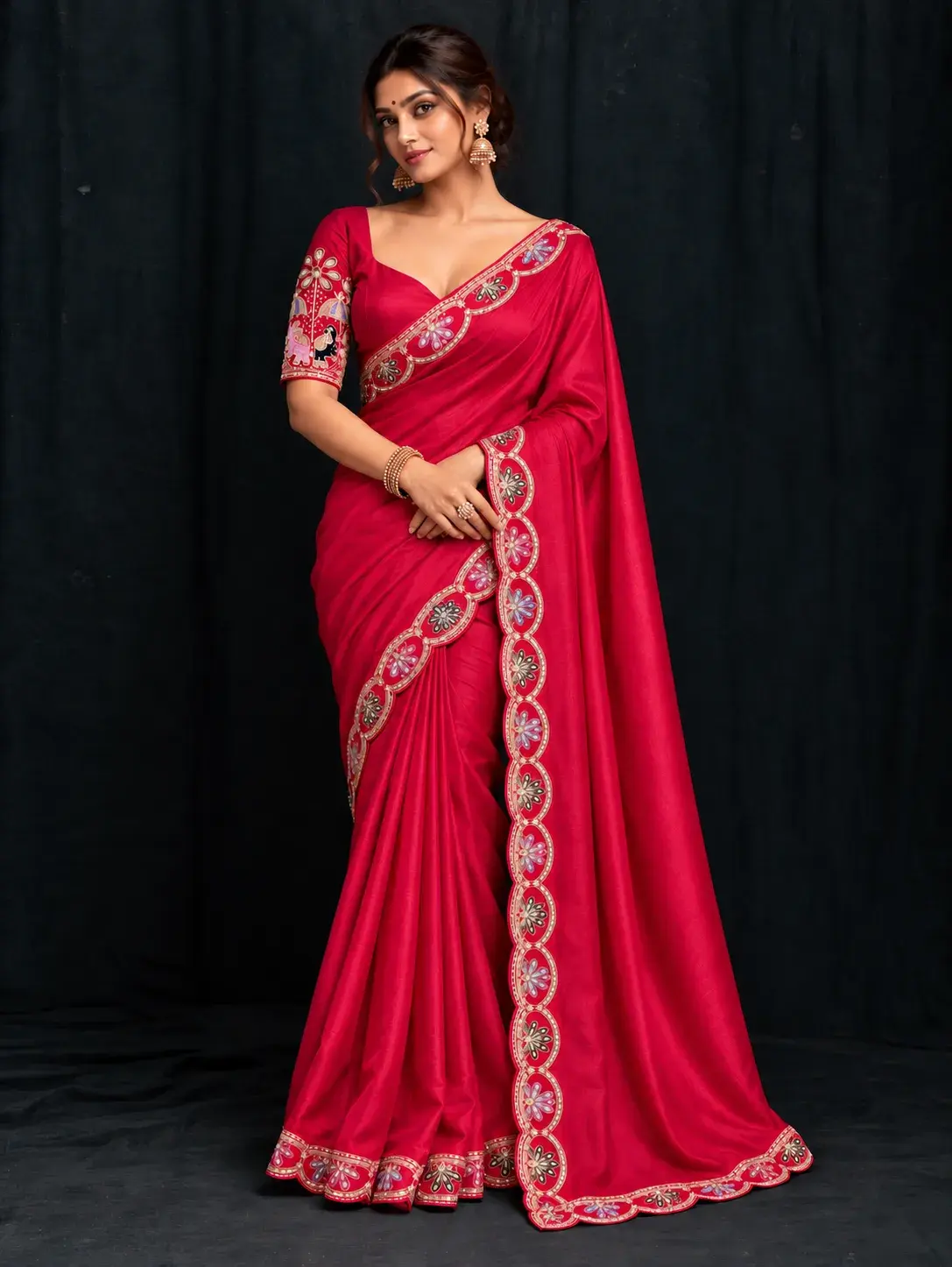 Rani Pink Gajah Silk Saree with Multicolor Embroidered Border image main view