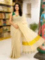 Pea Green Block Kasavu Tissue Saree with Tassels & Running Blouse image design view
