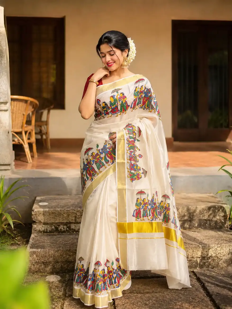 Multi Color Pallak Motif Tissue Kerala Kasavu Saree image main view