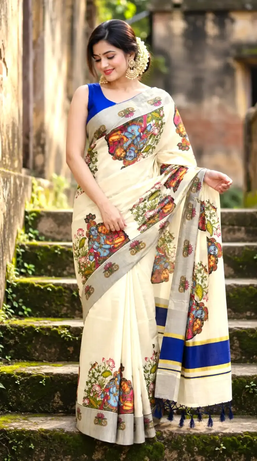 Thumbnail: Deep Blue Color Sree Krishna Motif Kerala Kasavu Tussel Tissue Saree image main viewimage