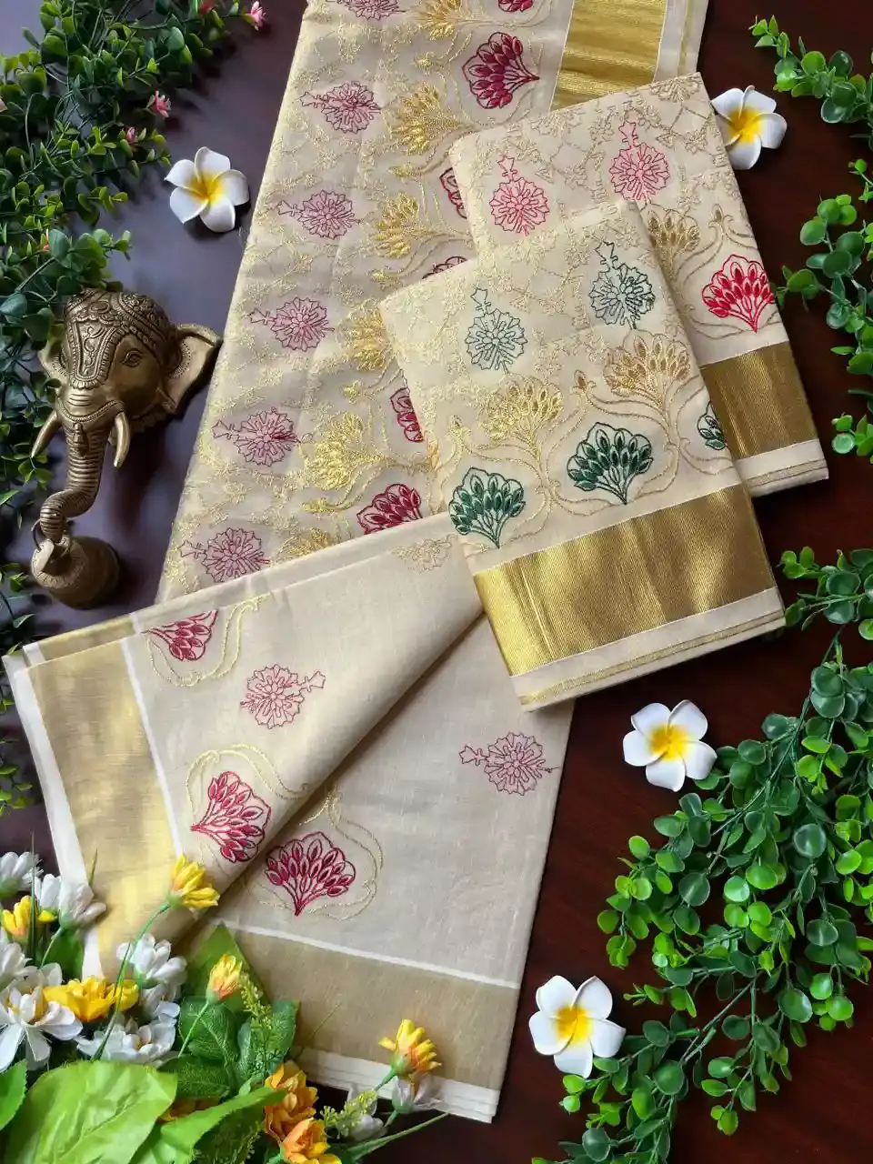 Maroon Golden Embroidery Kasavu Kerala Tissue Set Mundu image