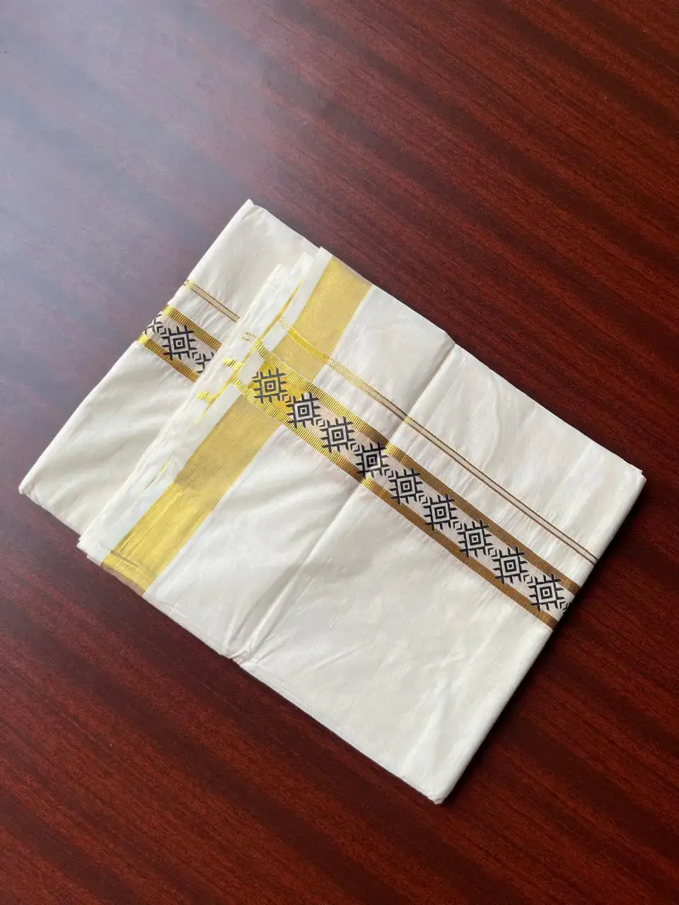 Black geometric Motif Hand-Painted Golden Kasavu Double Mundu image design view