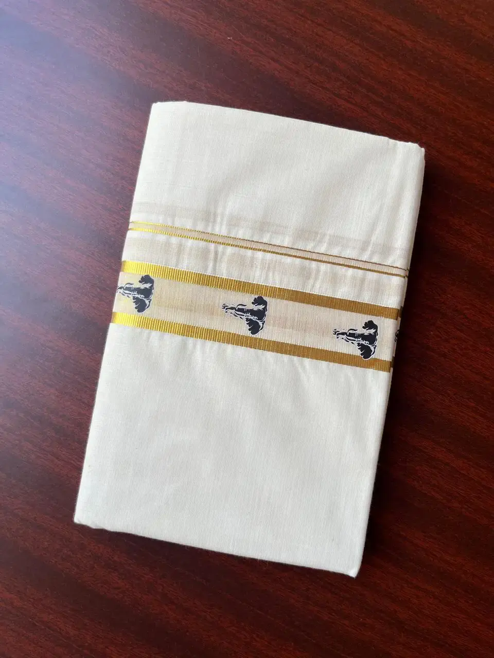Elephant Motif Hand-Painted Golden Kasavu Double Mundu image folded view