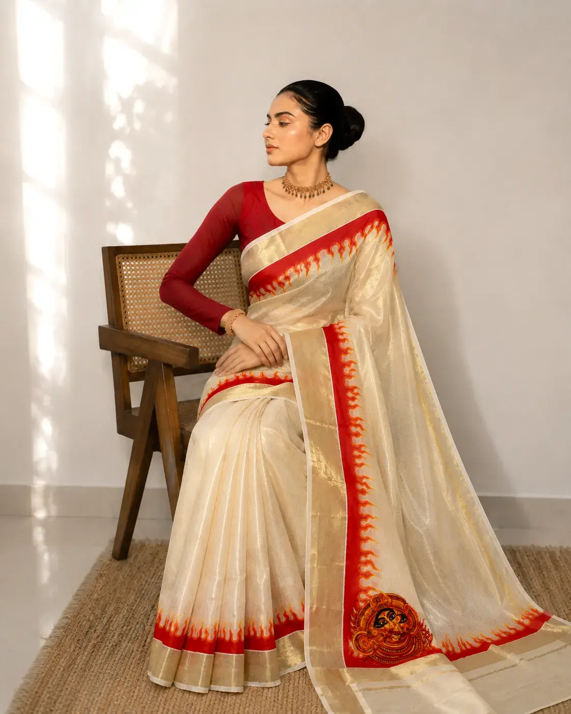 Theepori Theyyam Kasavu Tissue Kerala Saree with Running Blouse image main view
