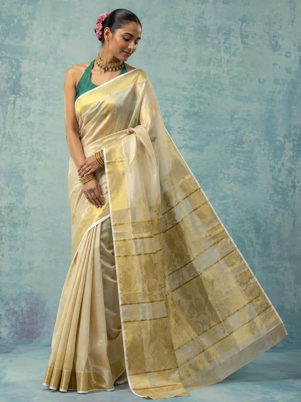 Premium Rose Zari Tissue Kasavu Saree image full view