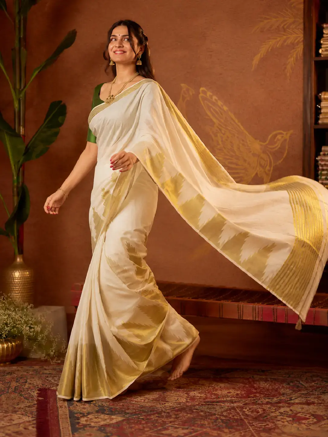 Golden Jacquard Temple Designer Cotton Kerala Kasavu Saree image main view