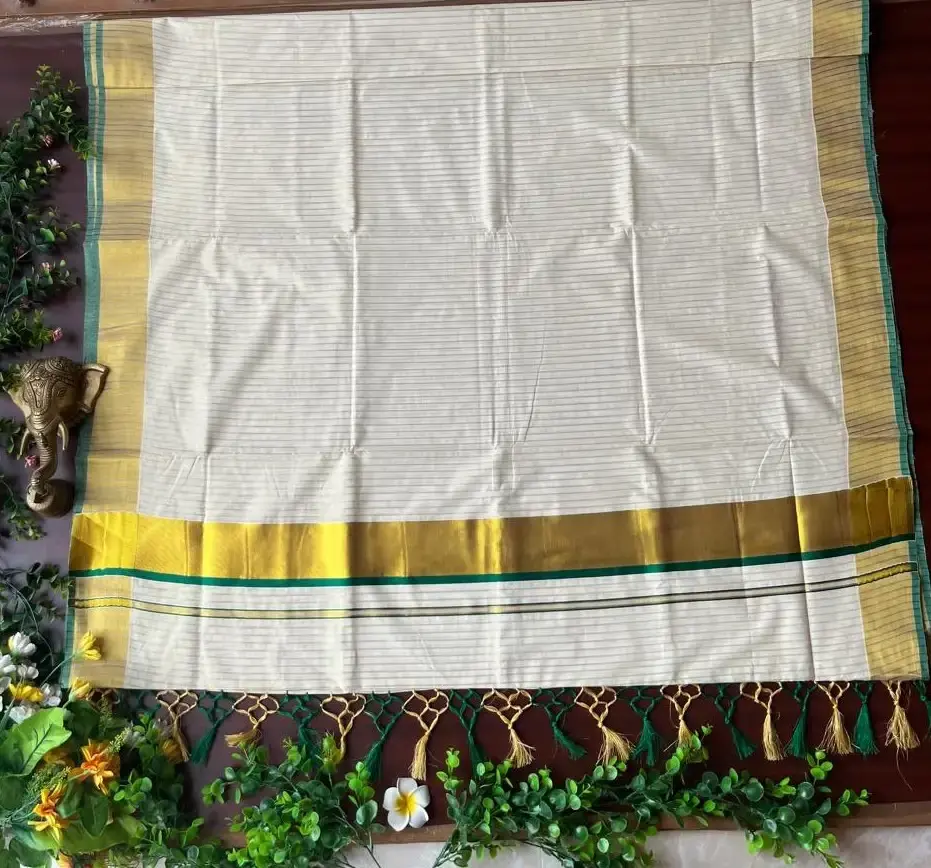 Thumbnail: Forest Green Stripe Tussel Cotton Kerala Kasavu Saree image full view