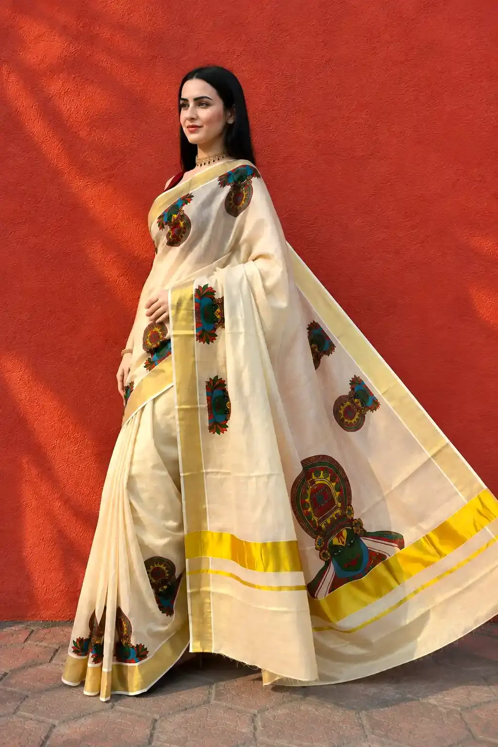 Premium Mural Kathakali Kasavu Tissue with Running Blouse image main view