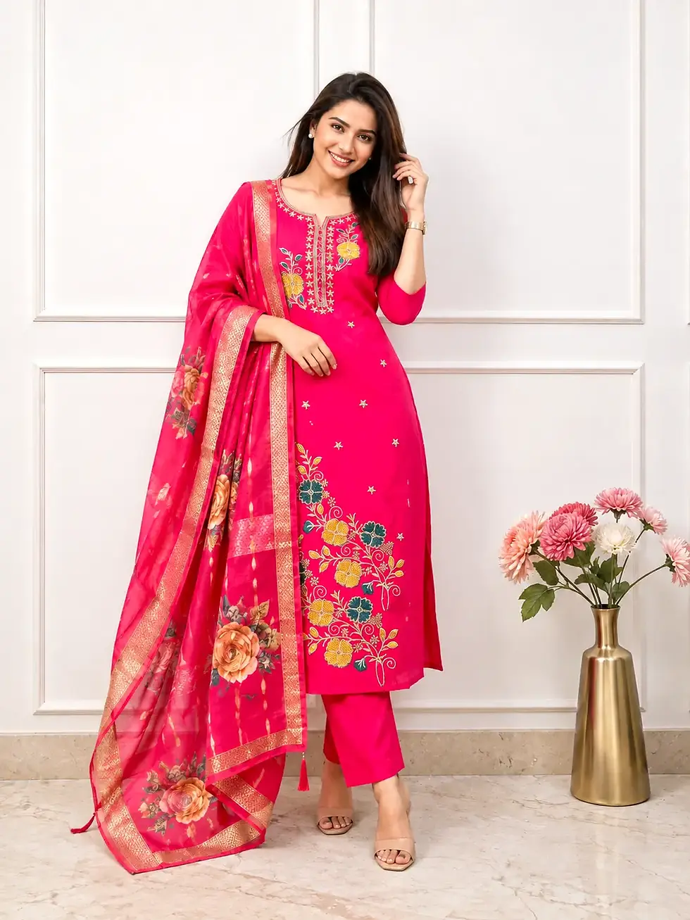 Thumbnail: Fuchsia Pink Floral Embroidered Kurta Set with Floral Dupatta image main view