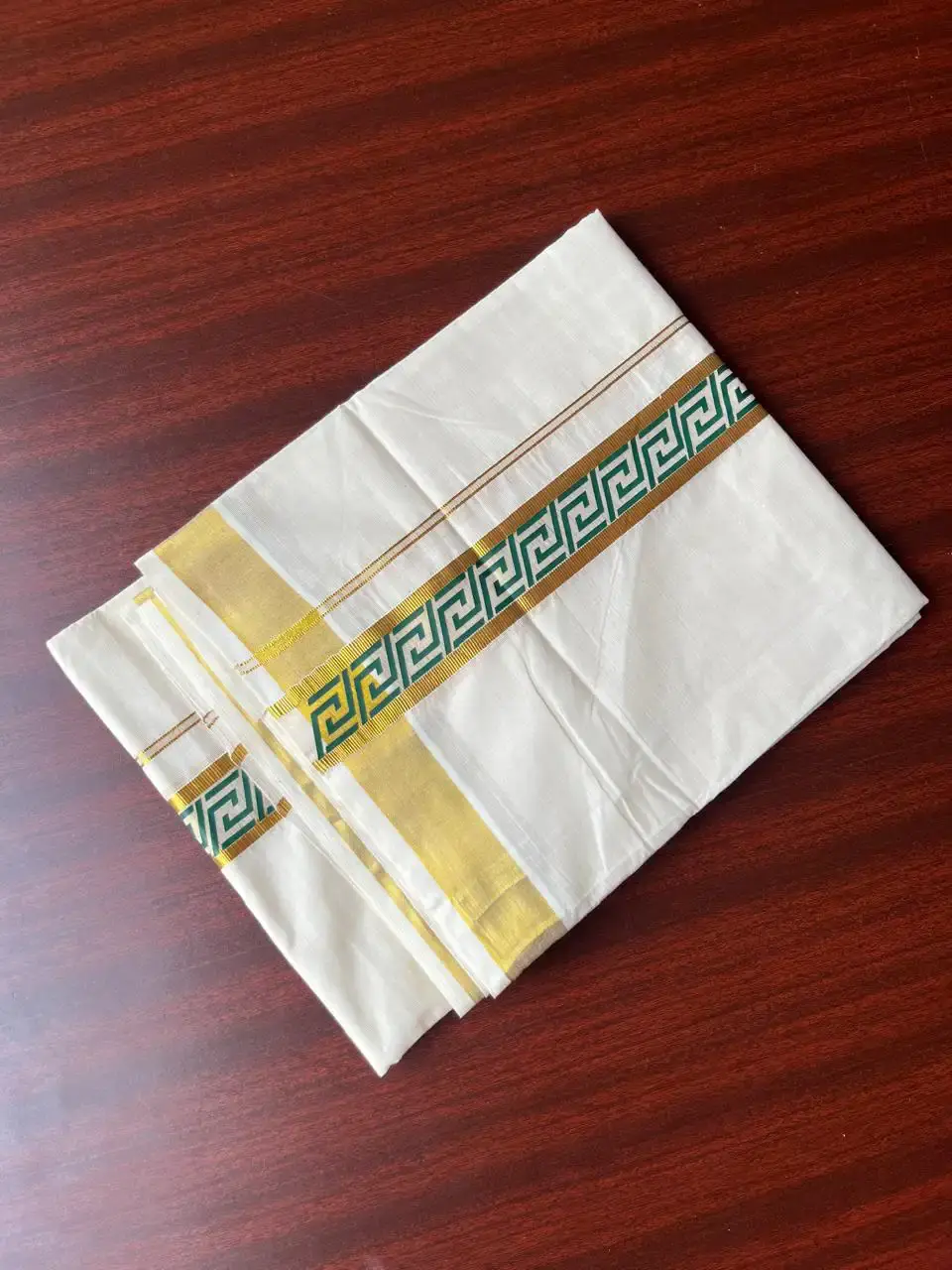 Premium Emerald Green Inter Locking Kasavu Double Mundu Dhoti image design view