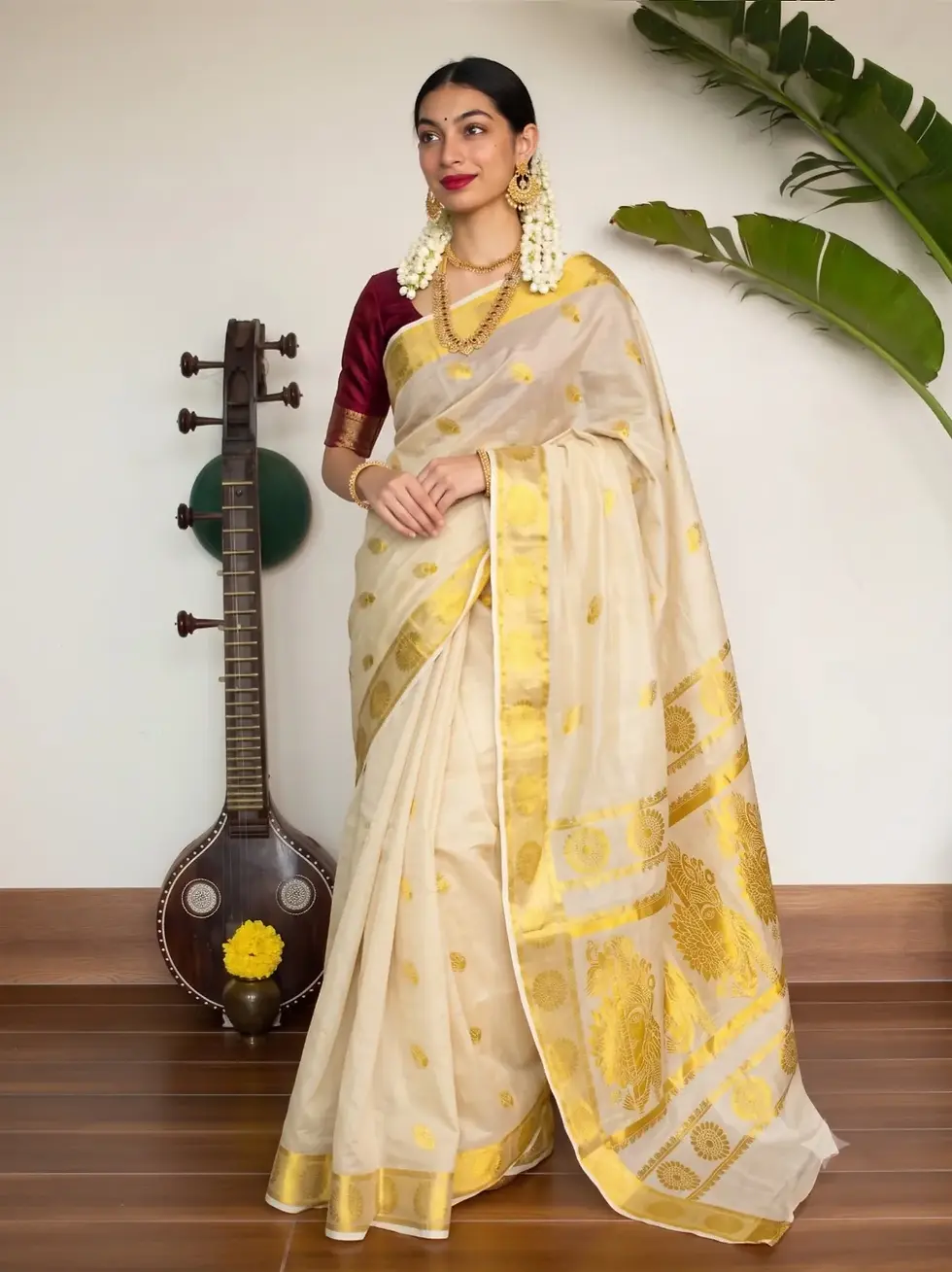 Golden Lord Krishna Jacquard Tissue Kerala Kasavu Saree image main view