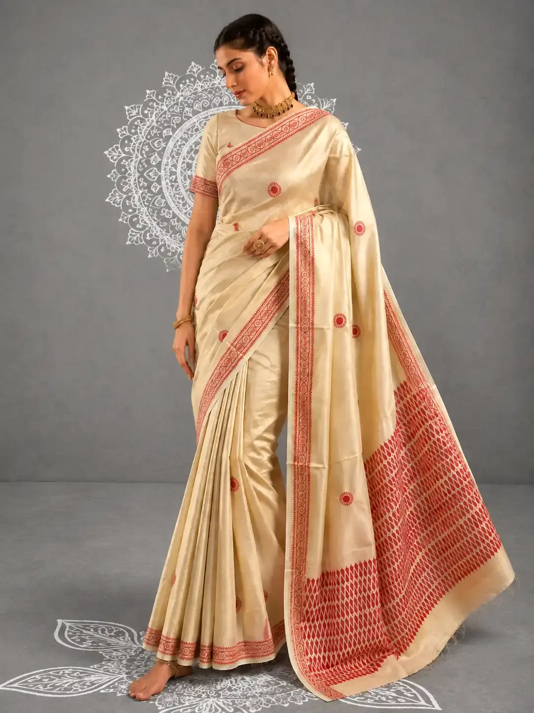 Peach Designer Kasavu Tussel Tissue Saree with Blouse image main view
