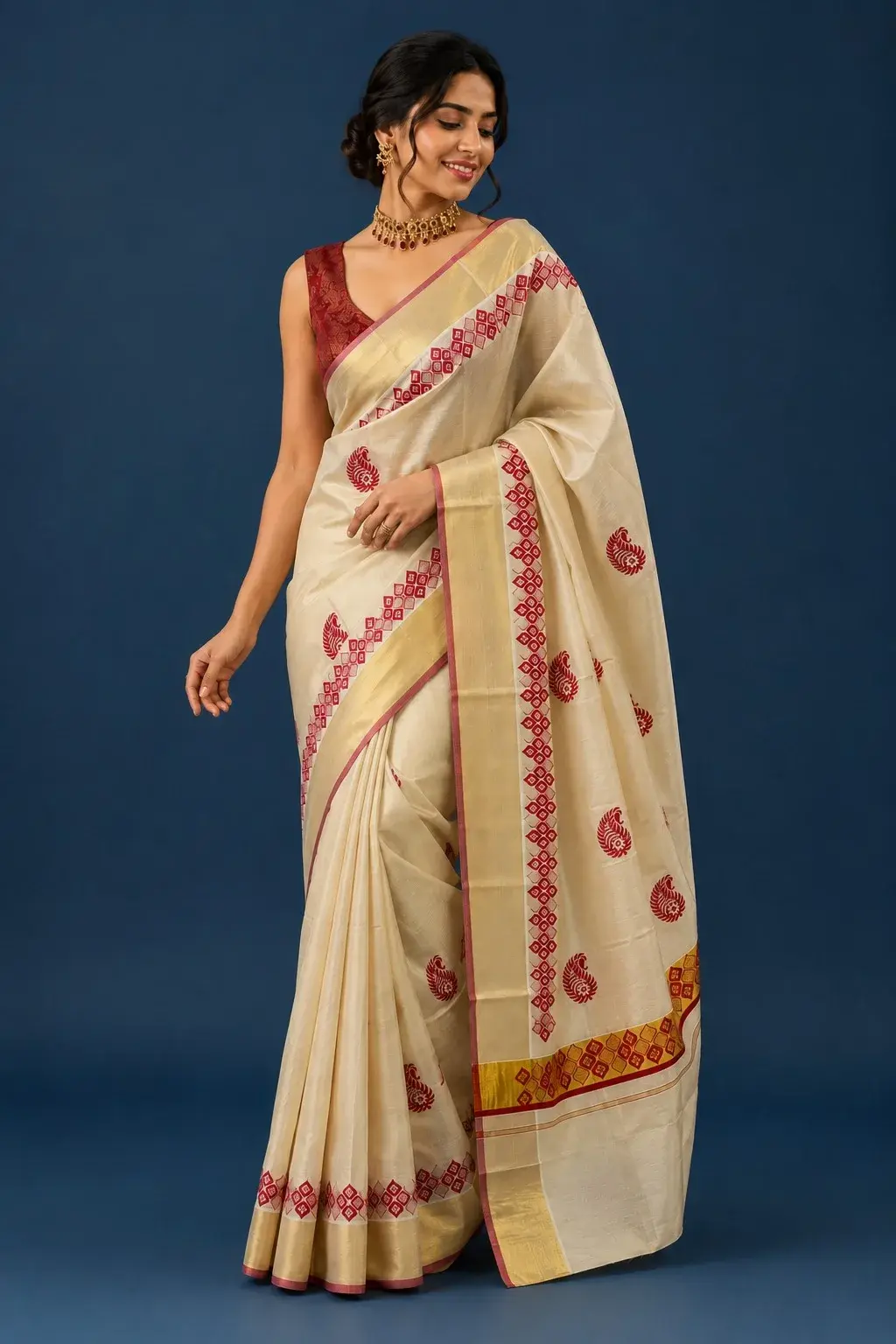 Red Mango Floral Designer Kasavu Tissue Saree image main view