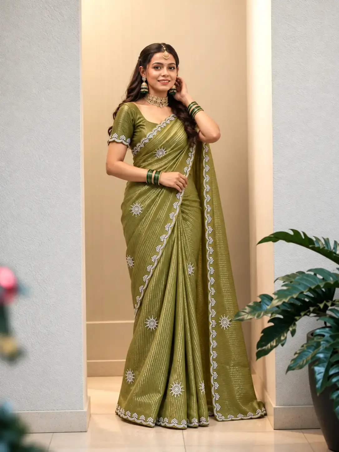 Avocado Green Silver border sunburst motifs Silk Saree with Blouse image full view