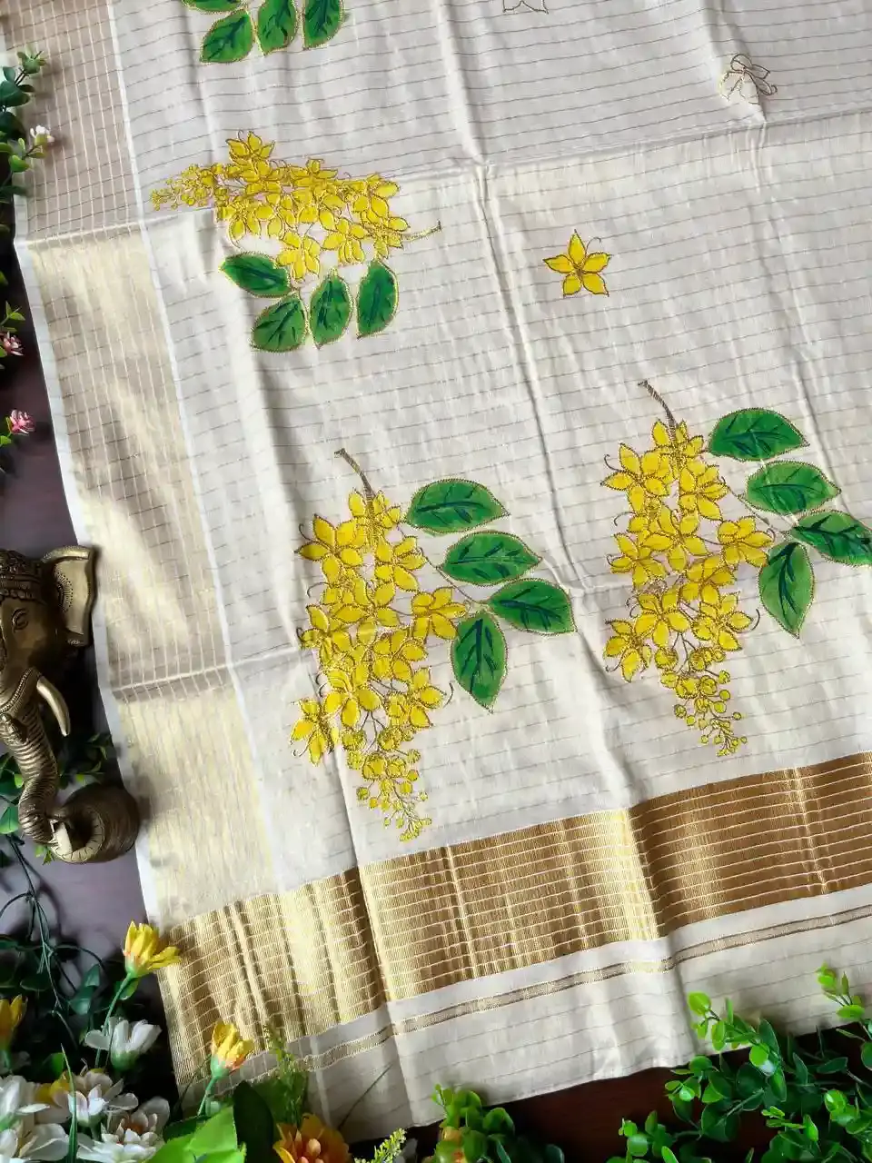 Golden Shower Embroidery Stripe Tissue Kerala Kasavu Saree image design view