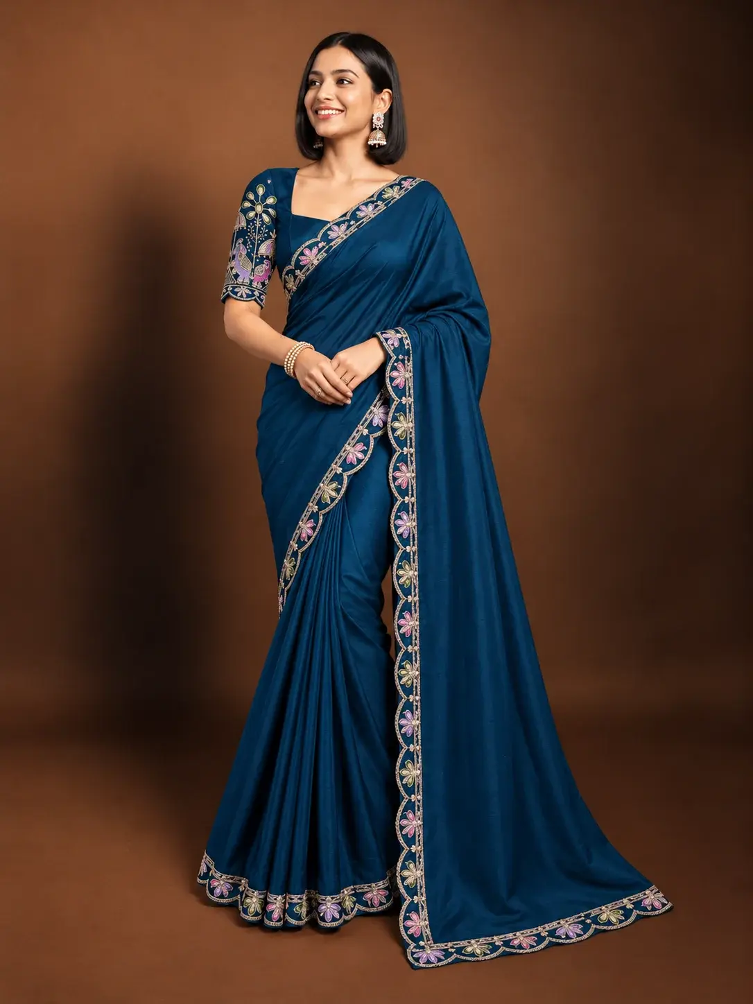 Muted Dark Blue Gajah Silk Saree with Multicolor Embroidered Border image main view