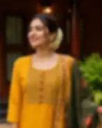 Mustard Yellow Floral Embroidery Beads Kurti Set image close up view