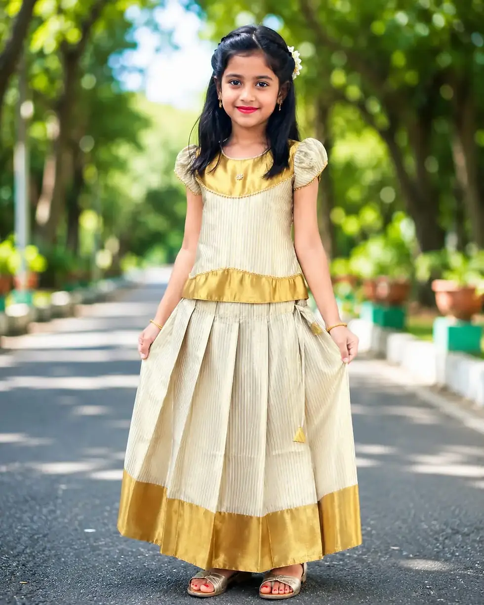 Traditional Girls Off-White and Gold Pattu Pavada Kids Dress Set Age -1-10 image main view