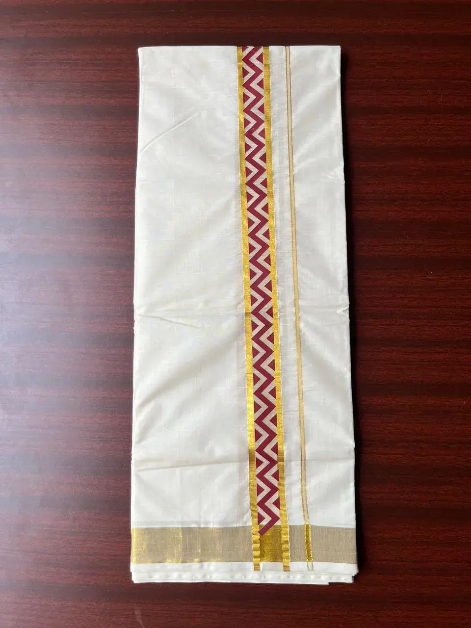 Thumbnail: Premium Red Zig Zag Kasavu Double Mundu Dhoti image full view