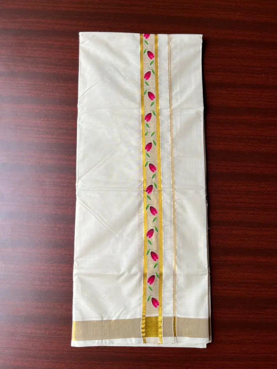 Premium Red Floral Golden Kasavu Double Mundu image full view