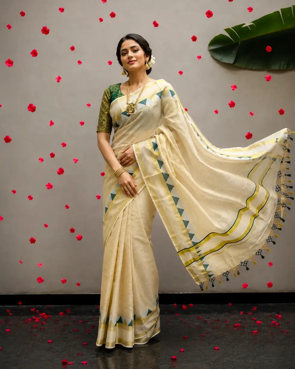 Thumbnail: Premium Micro Check Kasavu Tissue Saree with Golden & Green Temple Border
