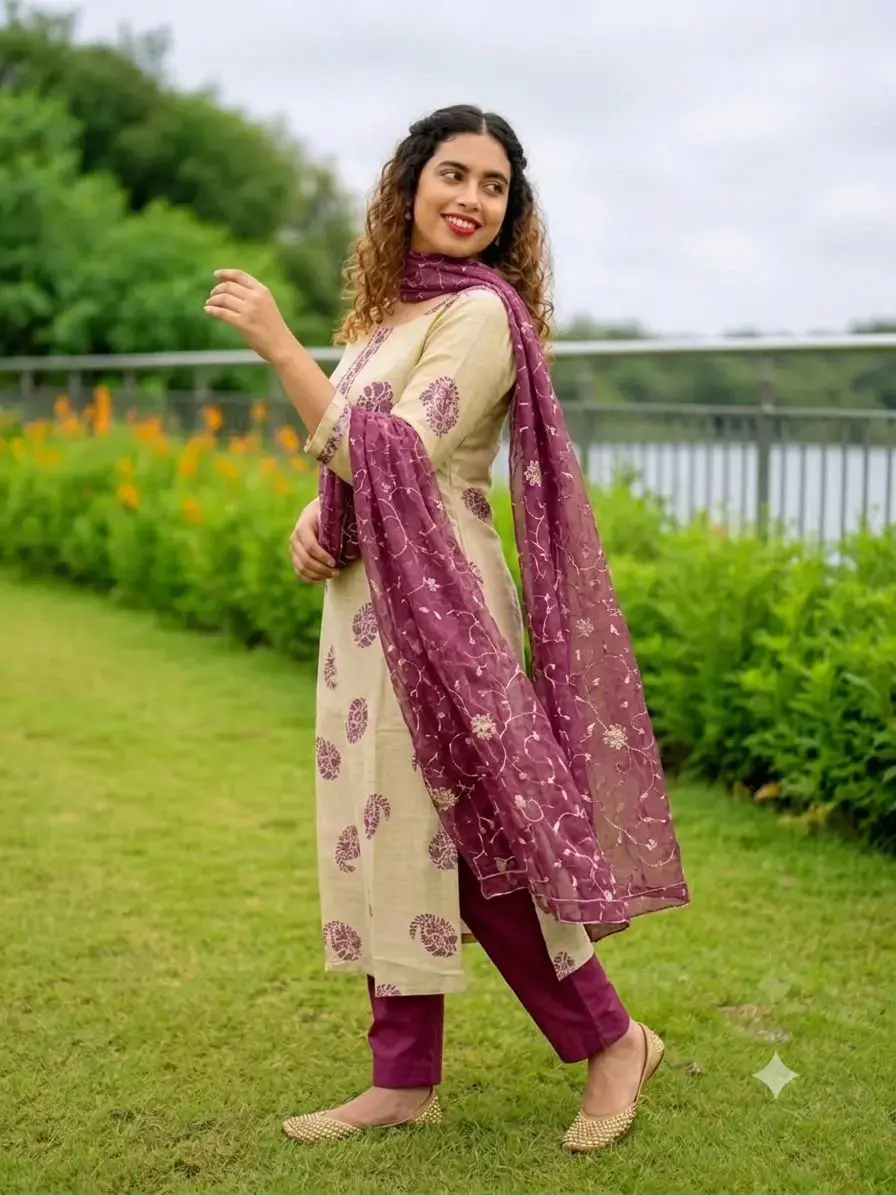 Thumbnail: Deep Magenta Floral Motif Tissue Kurti Set image side view