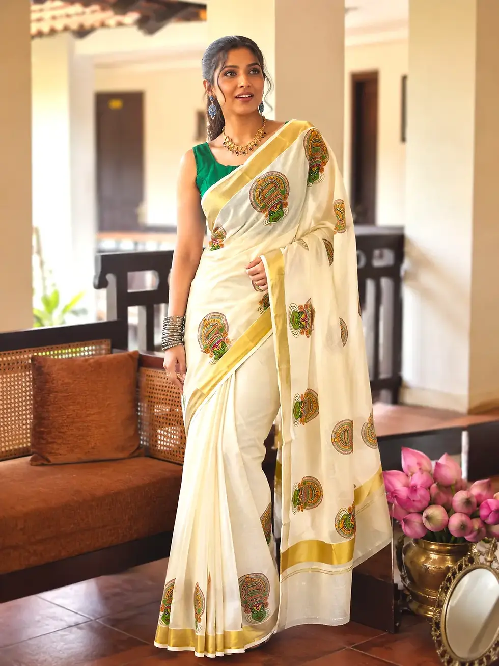 Thumbnail: Kathakali Mural Kasavu Premium Cotton Kasavu Saree with Blouse image full view