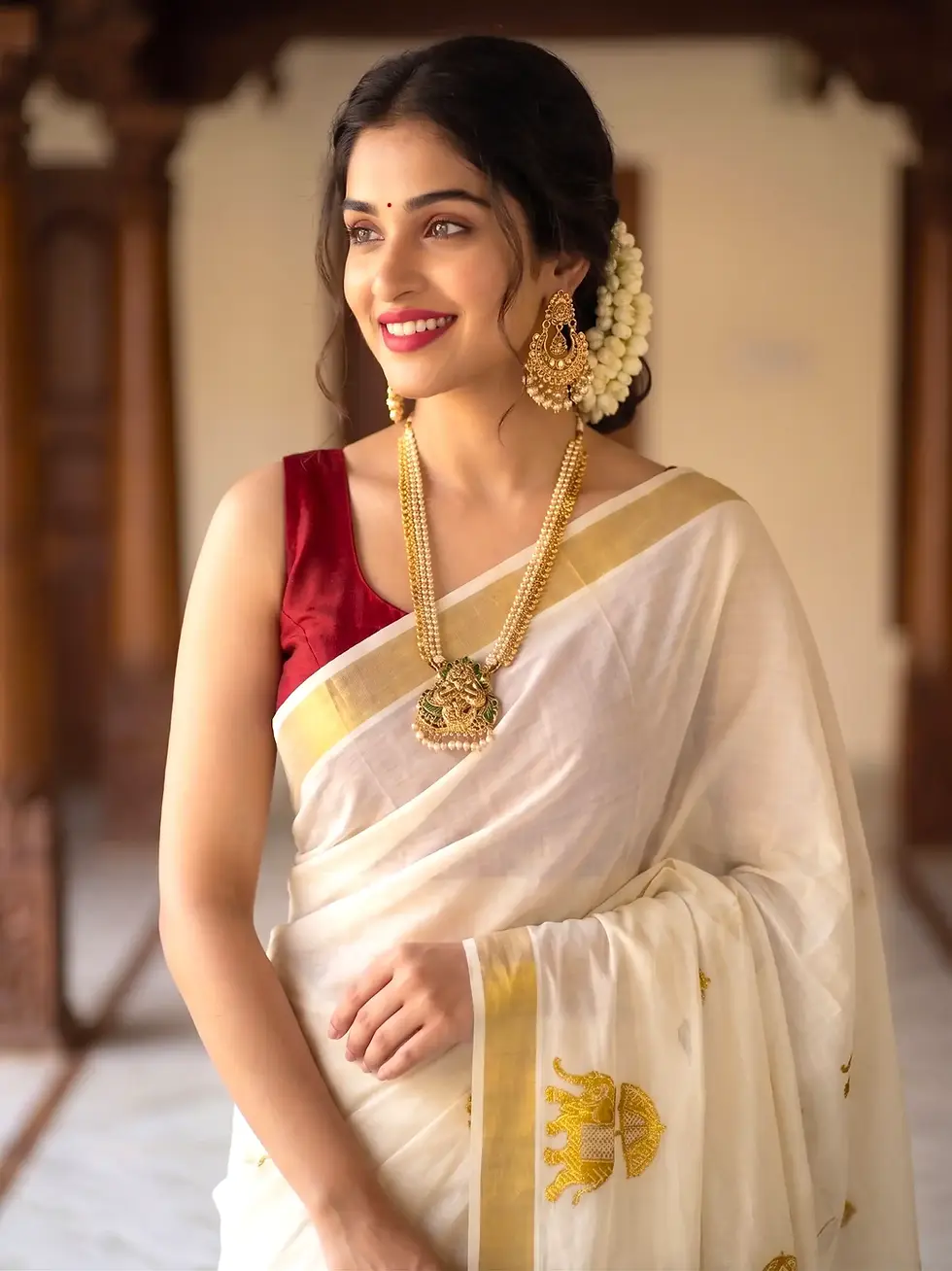 Golden Gaja Embroidery Tussel Cotton Kerala Kasavu Saree image closed view