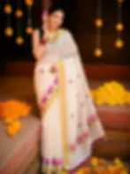 Pink Lotus Embroidery Motif Stripes Cotton Kasavu Saree with Tassels image main view