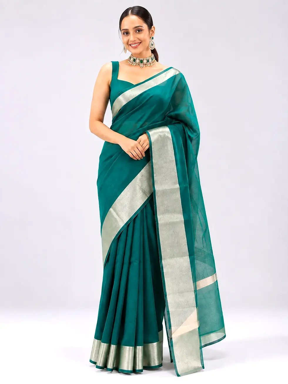 Peacock Teal Cotton Designer Saree with Elegant Zari Border image full view