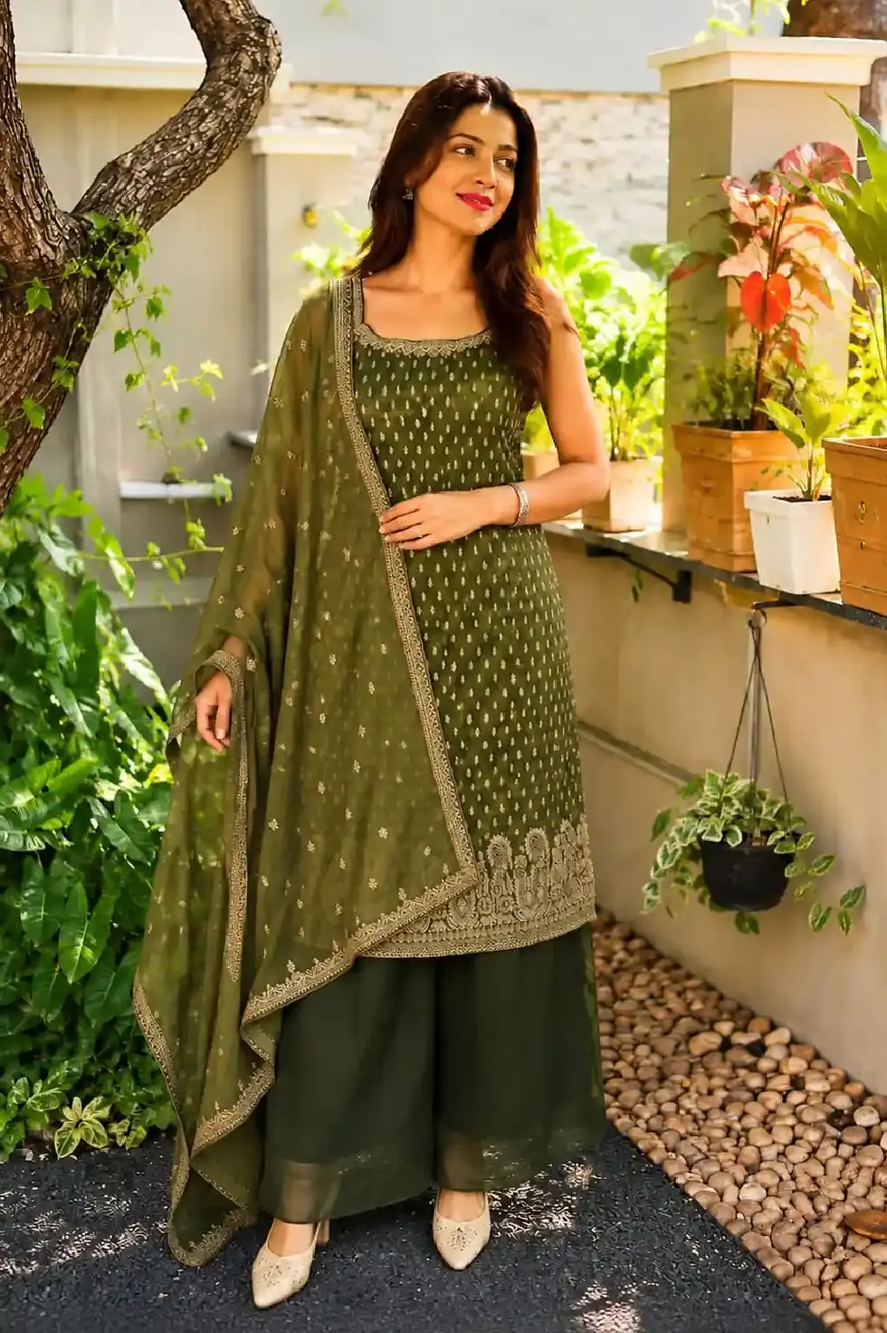 Forest Green Off White Floral Beads Work Cotton Kurti Set image main view