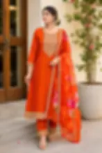 Mari Gold Orange Multi Floral Beads Cotton Kurti image main view