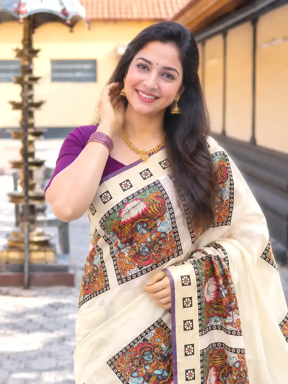 Chathura Sree Krishna Mural Art Designer Kasavu Tissue Saree with Purple Border image close up view