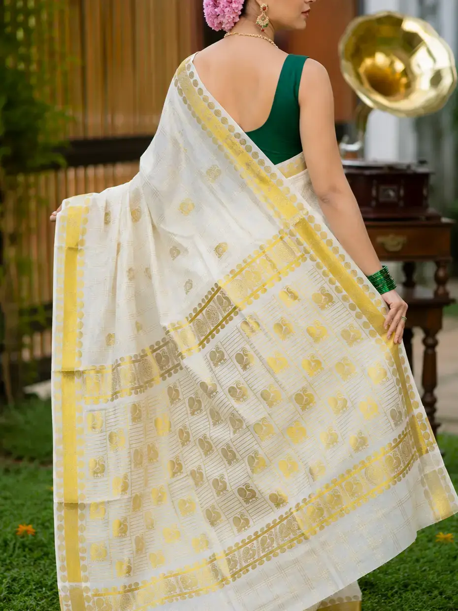 Thumbnail: Balaramapuram Mayura Block Zari Woven Jacquard Kasavu Cotton Saree image design view