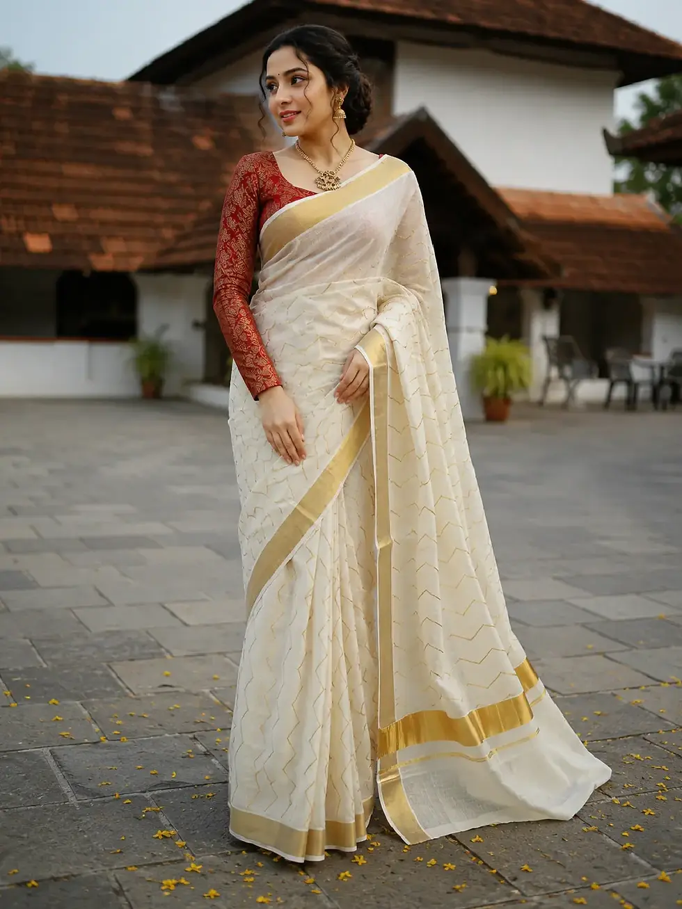 Golden Zig Zag Embroidery Kerala Cotton Kasavu Saree image main view