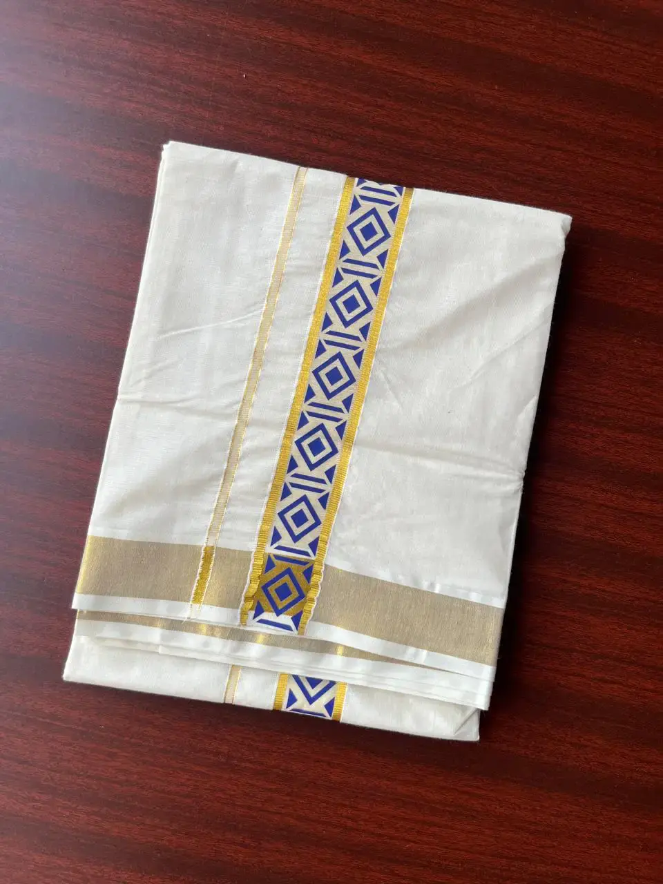 Indigo Diamond Motif Hand-Painted Golden Kasavu Double Mundu image design view