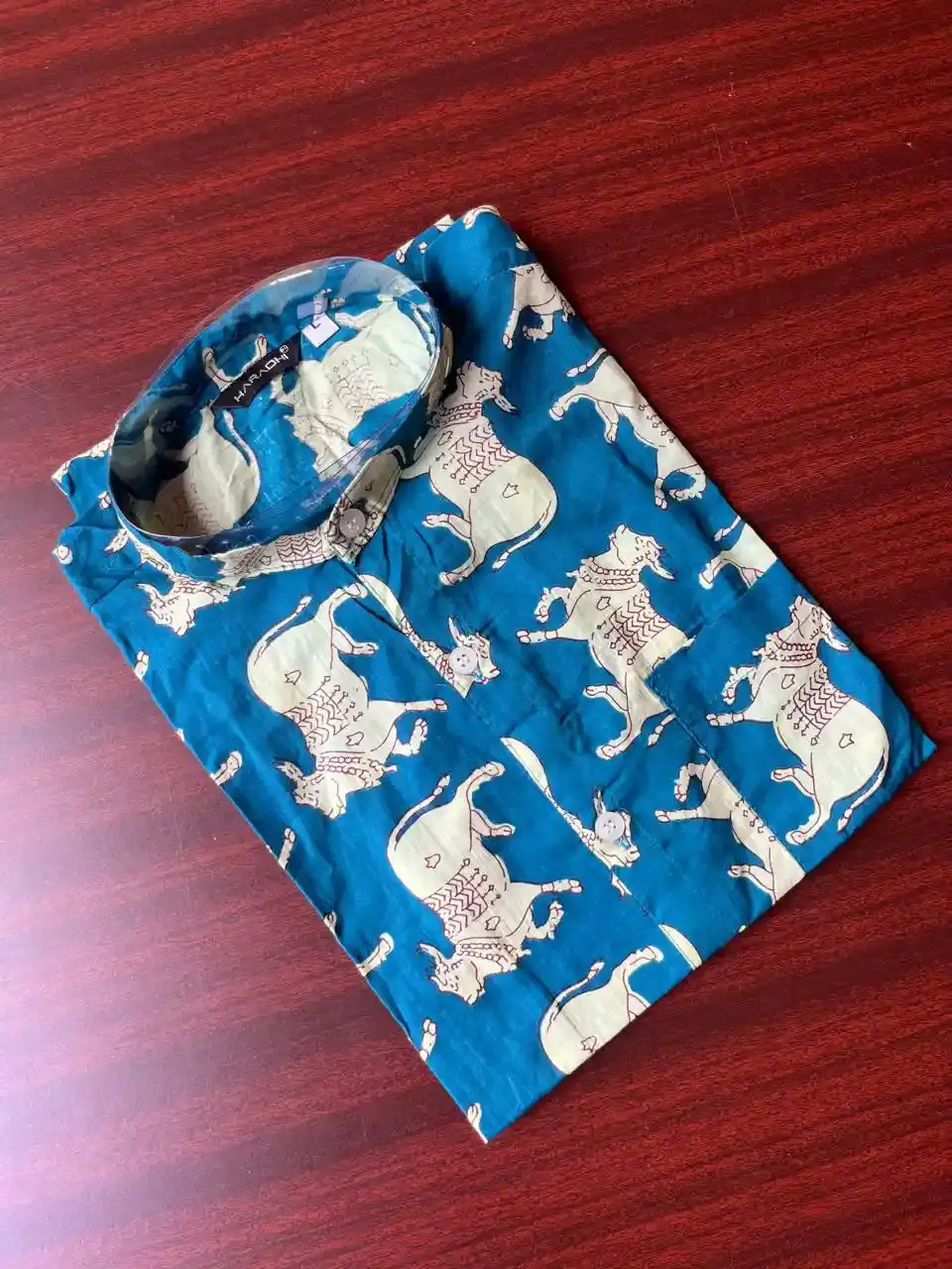 Teal Blue Gomatha Lotus Motif Ajrakh Cotton Shirt image full view