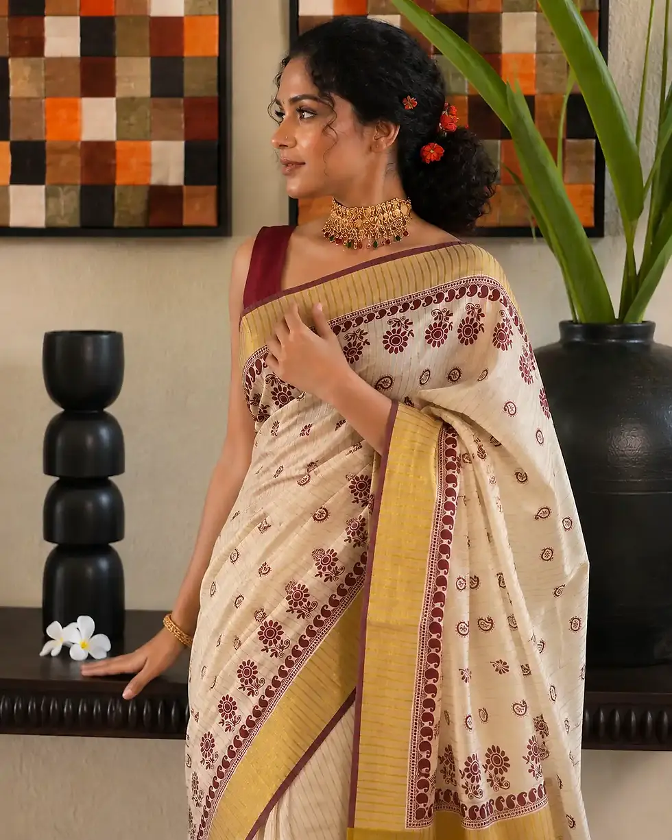 Maroon Mango Floral Kasavu Stripe Cotton Saree with Tussels image design view