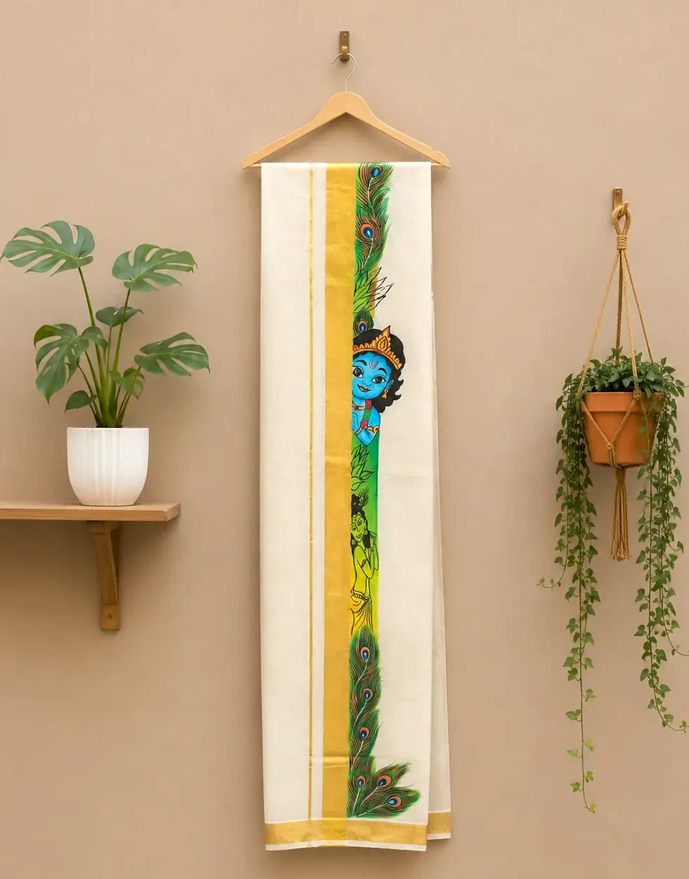 Hand Painted Peeli Krishna Premium Kasavu Cotton Double Mundu Dhoti image close up view