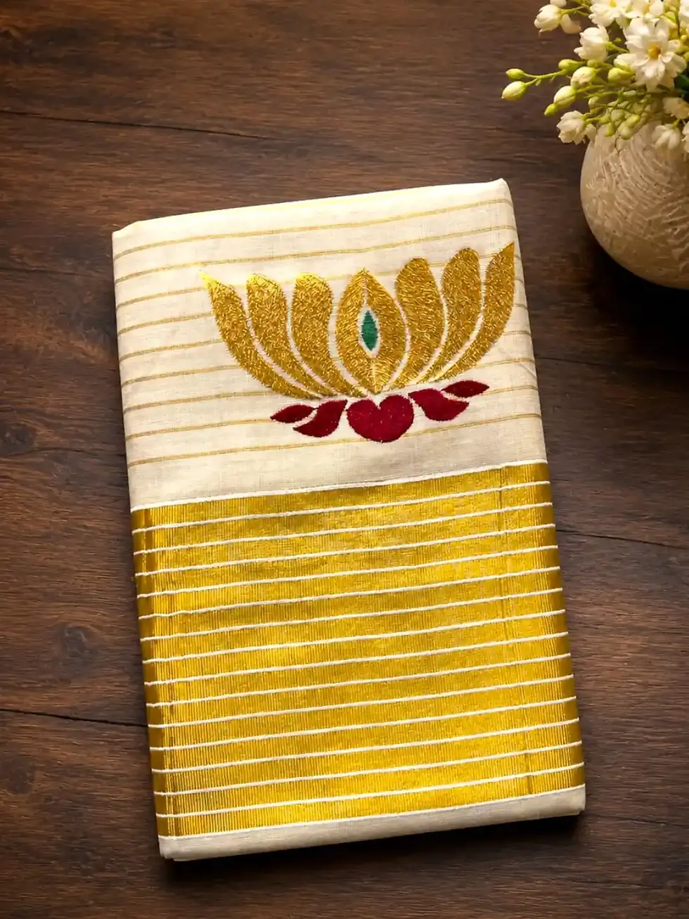 Golden Lotus Embroidery Stripe Tissue Kerala Kasavu Saree image