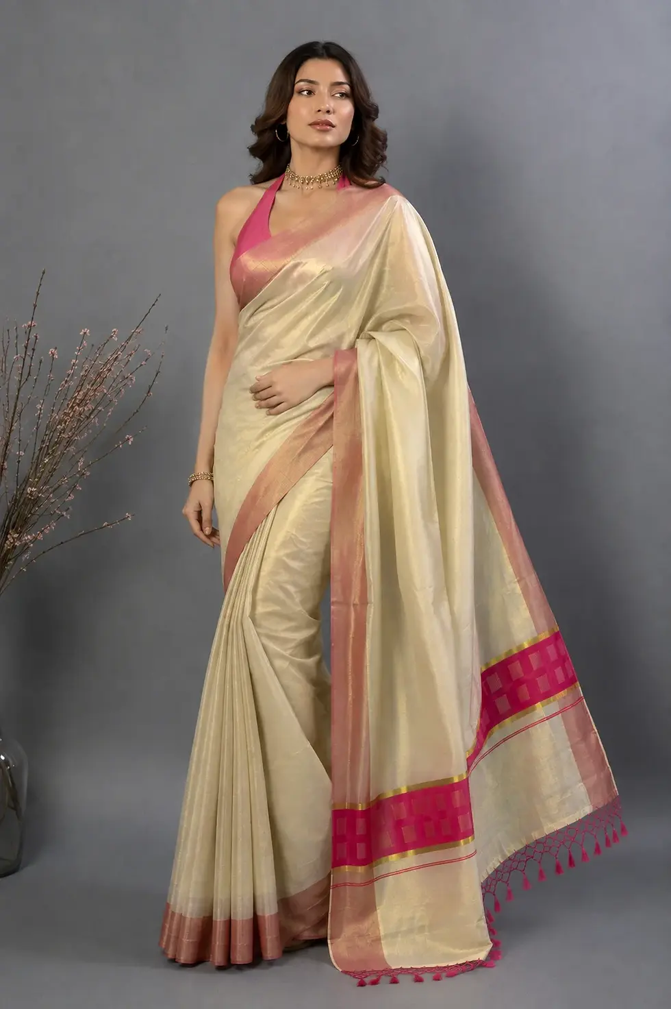 Pink Chathura Zari Pallu Kasavu Tissue Saree with Tussels image main view