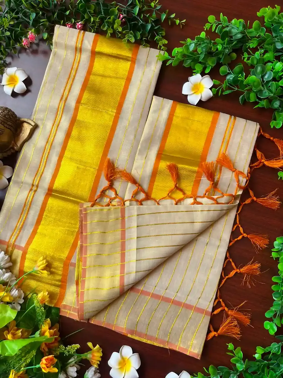 Orange Golden Stripe Tussel Tissue kerala Kasavu Set Mundu image open view