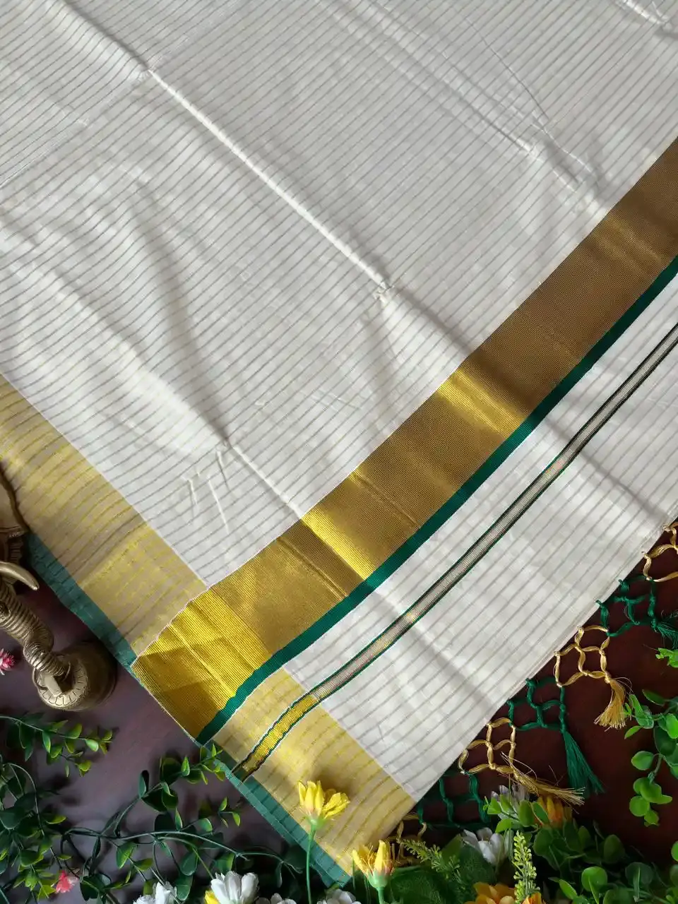 Thumbnail: Forest Green Stripe Tussel Cotton Kerala Kasavu Saree image main view
