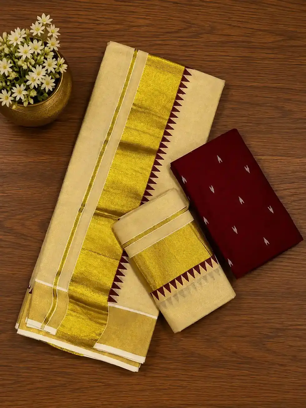 Maroon Temple Motif Temple Tissue Kasavu Set Mundu with Blouse image design view